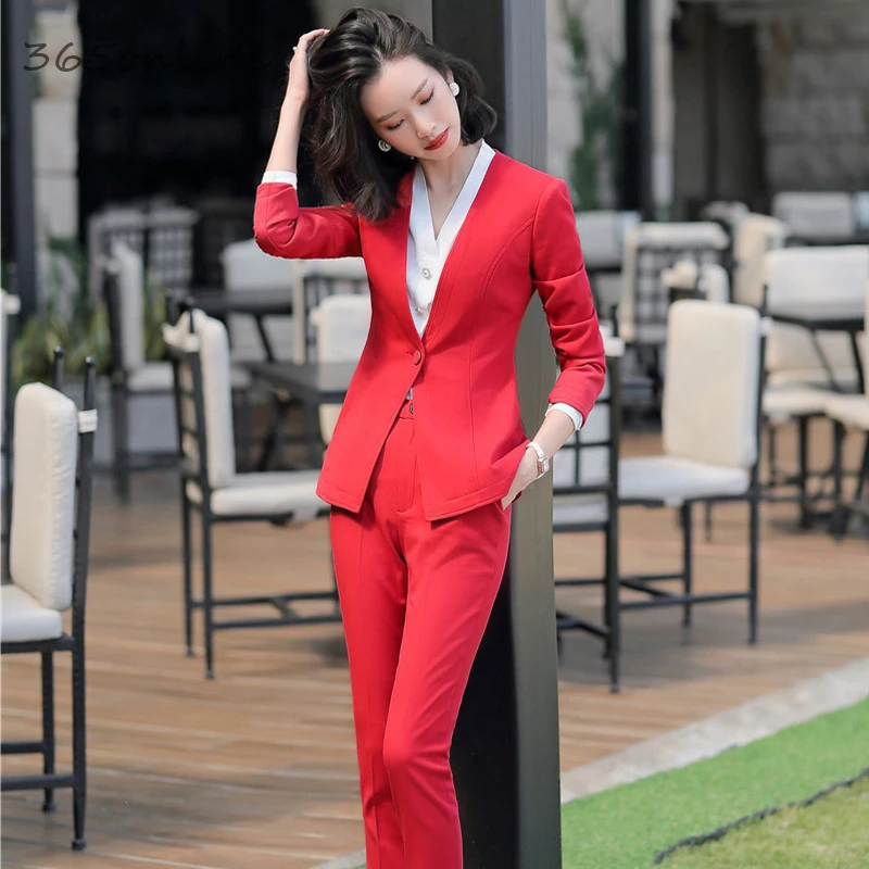 Fashion Red 2020 Spring Autumn Women Formal Business Suits with Pencil Pants and Jackets Coat Professional OL Styles Blazers Set