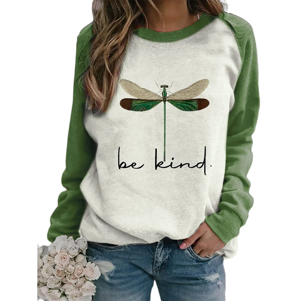 

Y2k Tops Goth Hoodie BE KIND Dragonfly Print Round Neck Shoulder Long Sleeve Sweatshirt Women