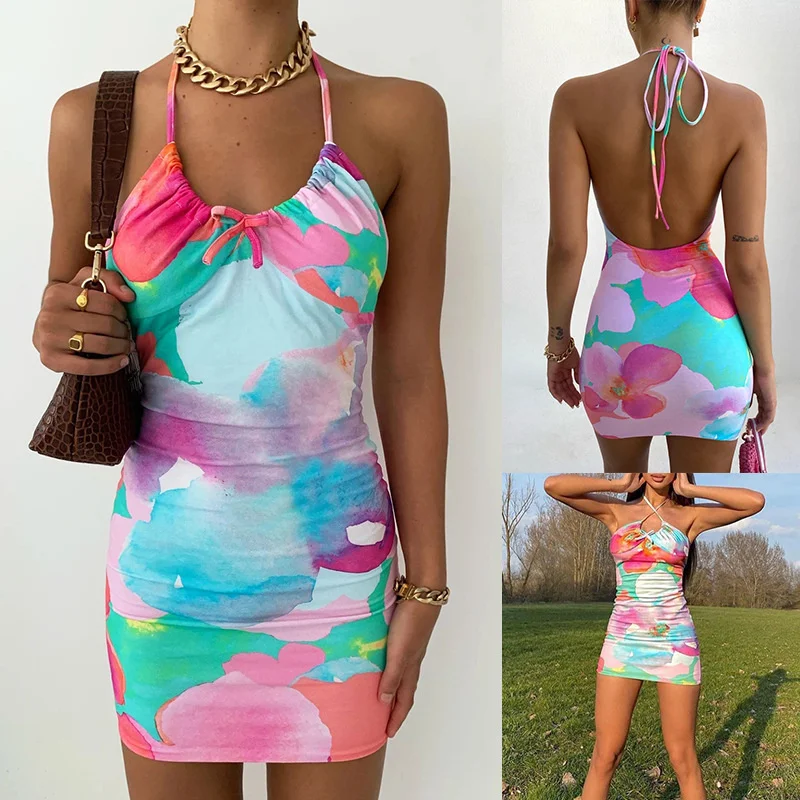 

Wind 2021 Summer New Women's Fashion Printing Neck One Line Shoulder Sexy Backless Slim Dress