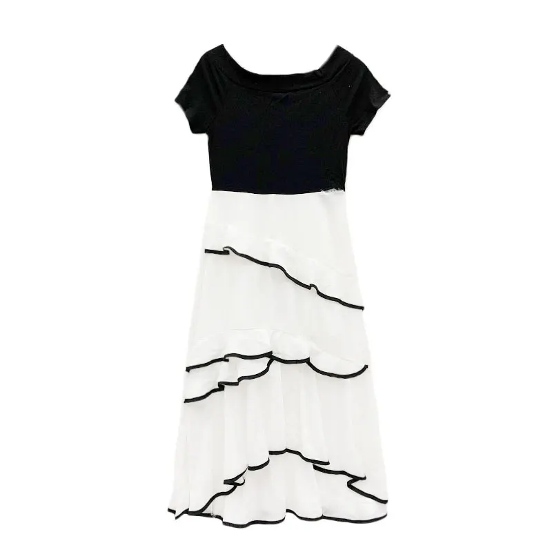 

Korean-style Ladies Fashion Horizontal Neck off-the-Shoulder Contrast Color Waist Hugging Slimming Big Swing Mid-Length Flounced