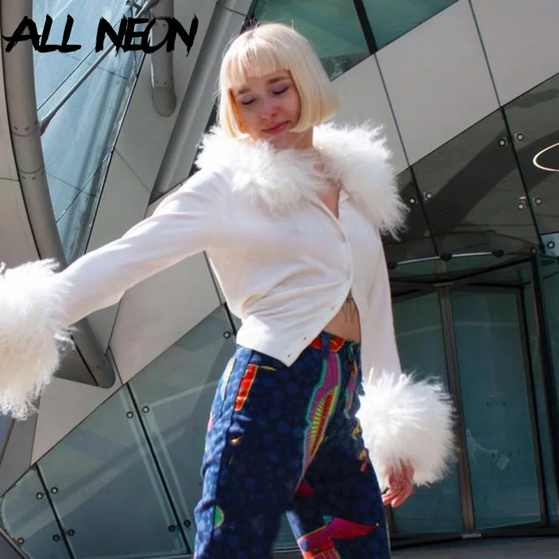 

ALLNeon Y2K Aesthetics Cute Fake Fur Trim Knitted Cardigans Vintage 2000s Streetwear Patchwork Long Sleeve Button Up Crop Tops