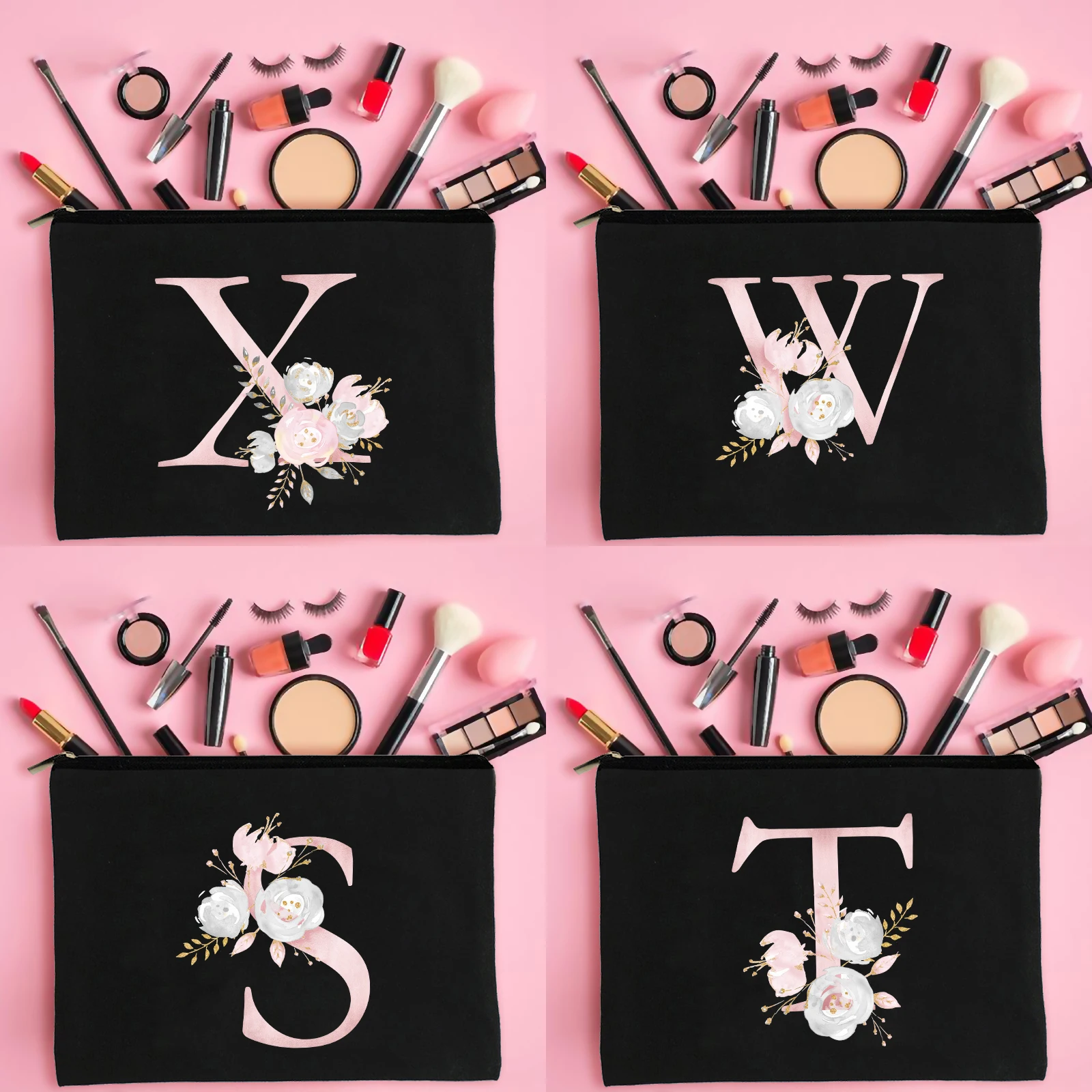 

Cosmetic Bags Pink Alphabet Flower Printed Bachelorette Party Makeup Bag Toiletries Organizer Pouch Purses Lipstick Bag
