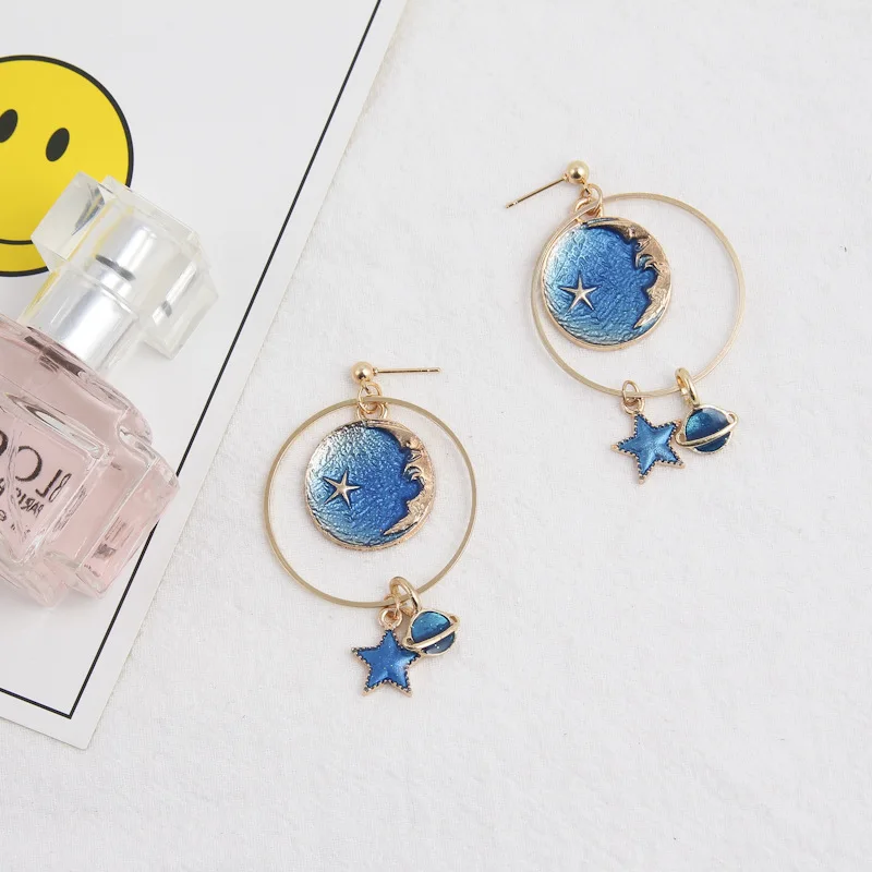 Модные Длинные асимметричные серьги женские металлические круглые со звездой