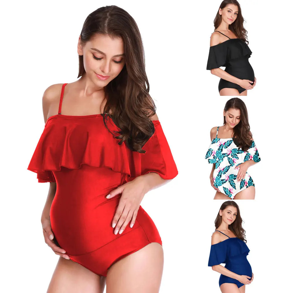 

2020 New Solid Black Pregnant Off Shoulder Swimsuit Maternity Large Size 5XL Flounced Swimwear Print Green Leaf Bathing Suit