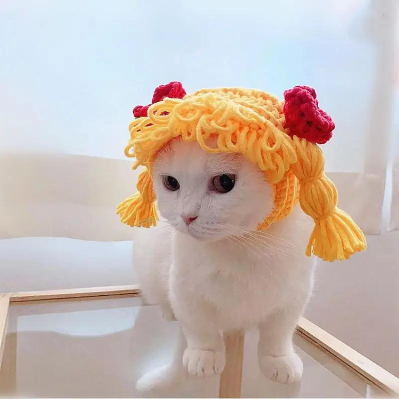 

Funny Pet Cat Cap Cute Hair Loop Headgear Cosplay Small Dogs Kitten Knitted Hat Cat Costume Warm Winter Headdress Dog Supplies