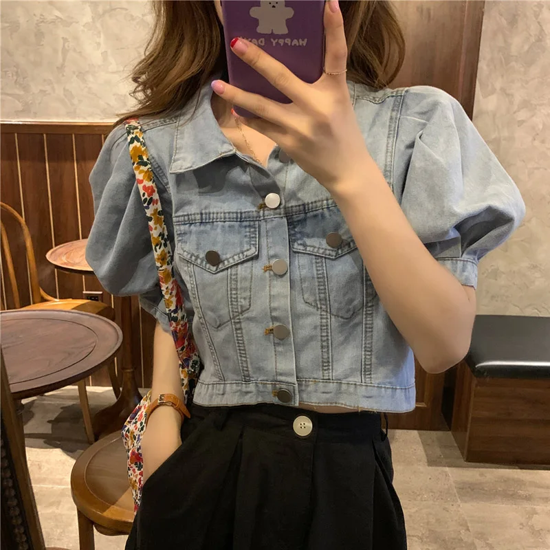 

Vintage Women Puff Sleeve Denim Coats Korean New Fashion Turn-Down Collar Female Jackets 2021 Chic Streetwear Jean Jacket