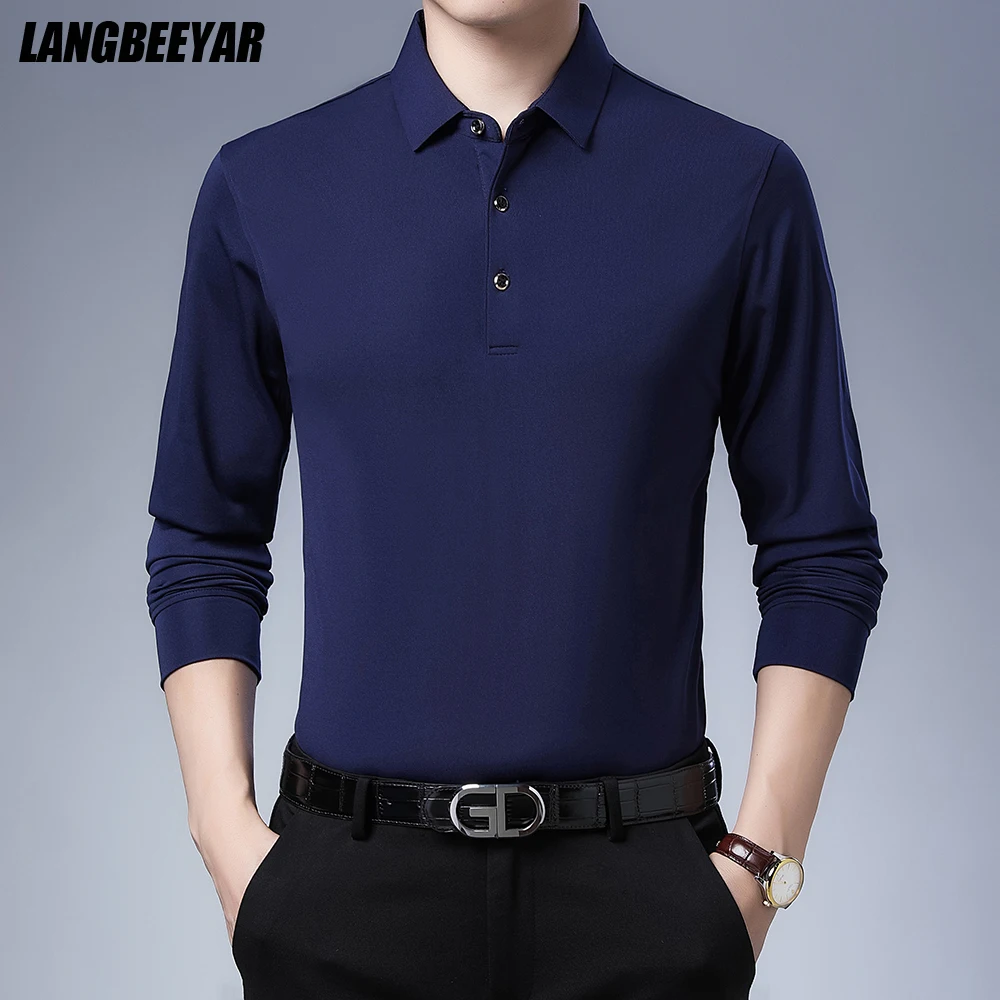 

Top Quality Fashion Brand Full Sleeve t Shirt For Men With Collar Long Sleeve Solid Color Plain Black Tops Casual Mens Clothes