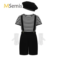 kids boys girls french mime artist fancy cosplay costume roleplay outfit striped t shirt tops with beret gloves suspenders set