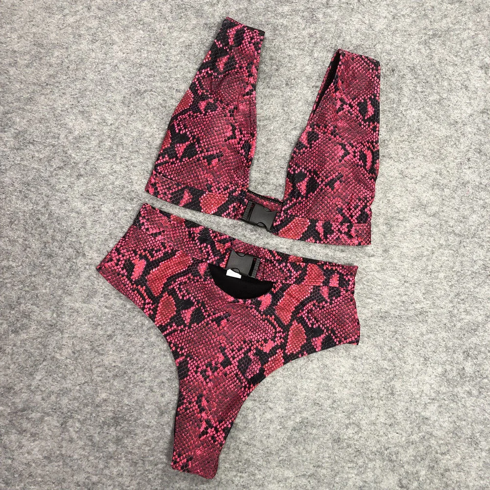 

New sassy bikini with chest pad rose red swimsuit snake print high waist bikini split swimsuit