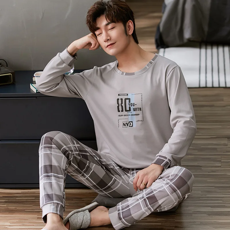 Мужской пижамный комплект темно-синий простой хлопок большой размер L-4XL пижама