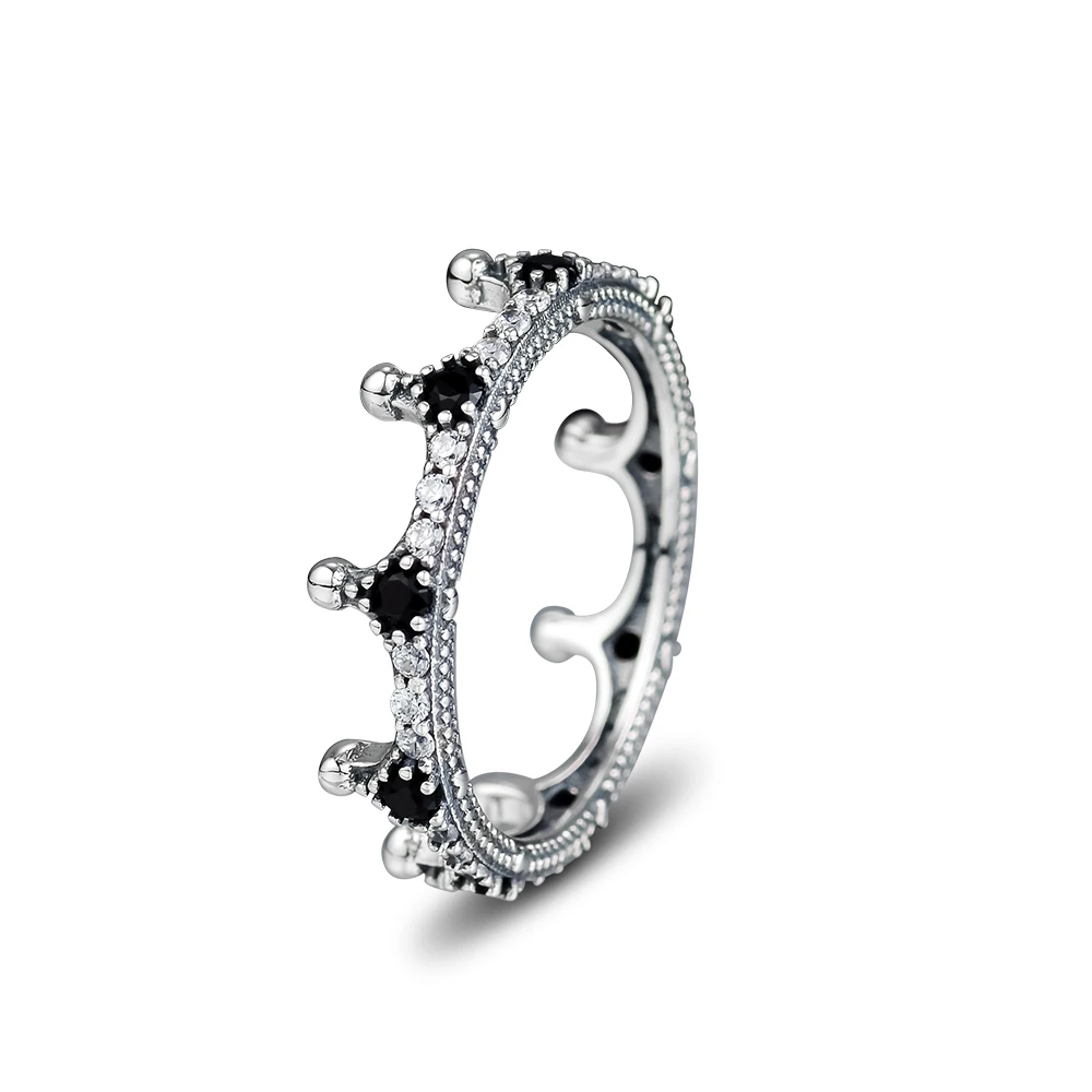 

Кольцо с зачарованной короной из серебра 100% пробы, с прозрачным фианитом и черным кристаллом, элегантные ювелирные украшения для женщин и д...