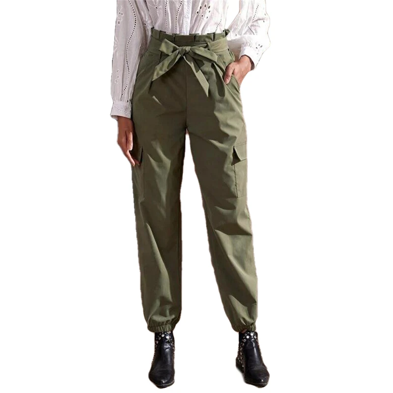 

New Casual Women's High Waist Trousers Pants Fashion Solid Color Bandage Beam Feet Pants With Pocket