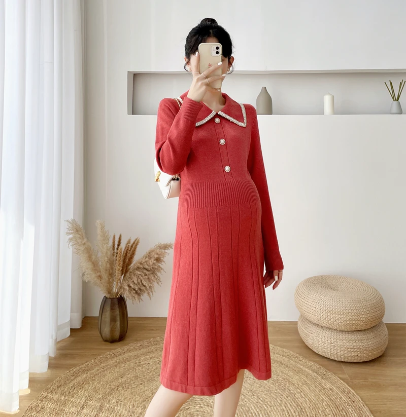 

Autumn Winter Women Pregnancy Sweaters Thicken Warm Knit Maternity Dress Elegant Chic Ins A Line Slim Clothes for Pregnant