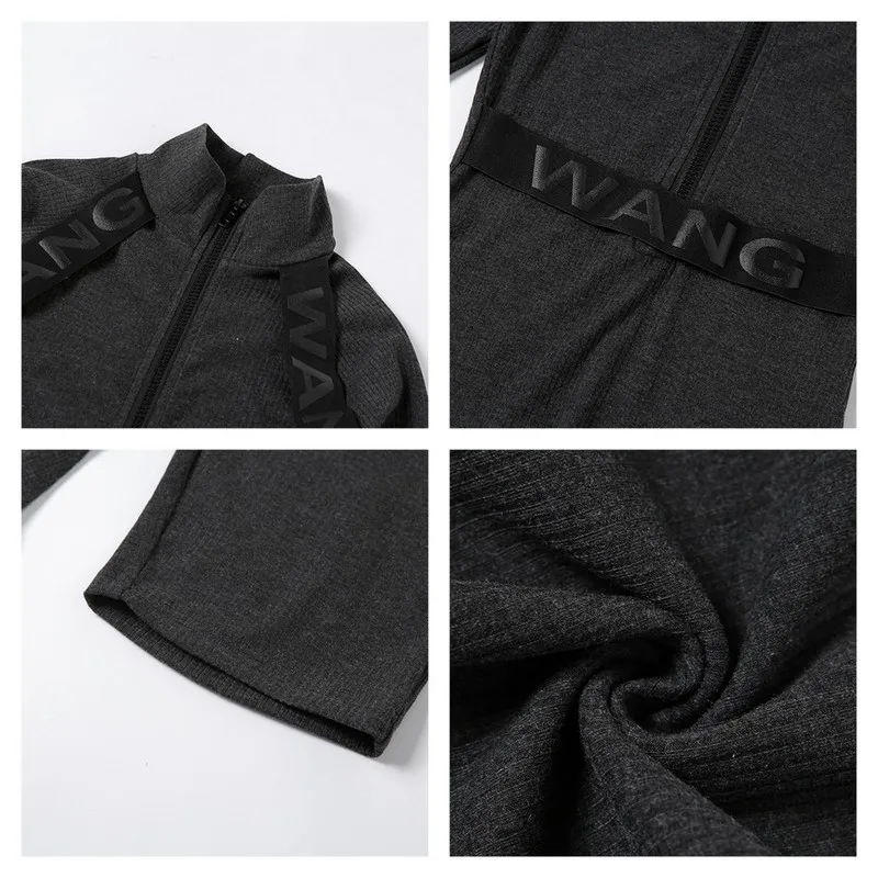 

Angels Secret Letter Printed Ribbed Jumpsuit Women Fall Long Sleeve Zipper Playsuit Elastic Shorts Romper Overalls AG30059