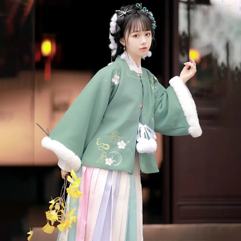 

Autumn Winter Women Chinese Style Sweet Hanfu Dress Traditional Ming Dynasty Thick Embroidery Princess Clothes 3 Pieces Sets