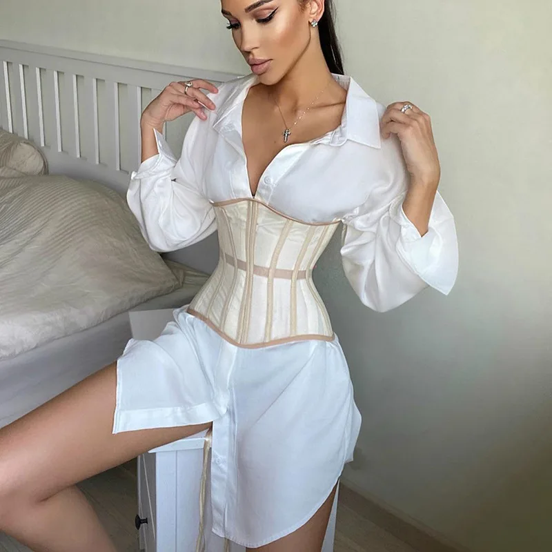 

Chic Women Shirt Dress 2PCS With Shaper Buttons 2021 Spring Lapel Neck Long Sleeve Slimming waist Mini Lady Dresses Street Wear