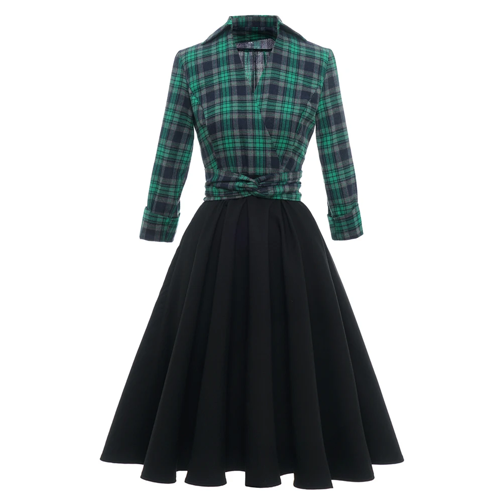

Vintage Hepburn Green Patchwork Dress Women Retro England Plaid Tunic Robe 3/4 Length Sleeve A Line Pinup Swing Party Sundress
