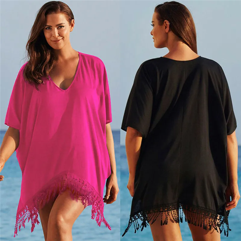 

Casual Pure Color Women Swimmwears Cover-Ups Lady Tassel Hem Cover-Ups Kaftan Bikini Swimwear Taseel Cover Up Beach Mini Dress