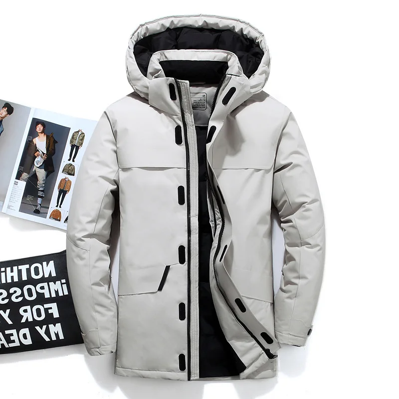 Мужская зимняя куртка с капюшоном на белом утином пуху защитой от ветра до 30