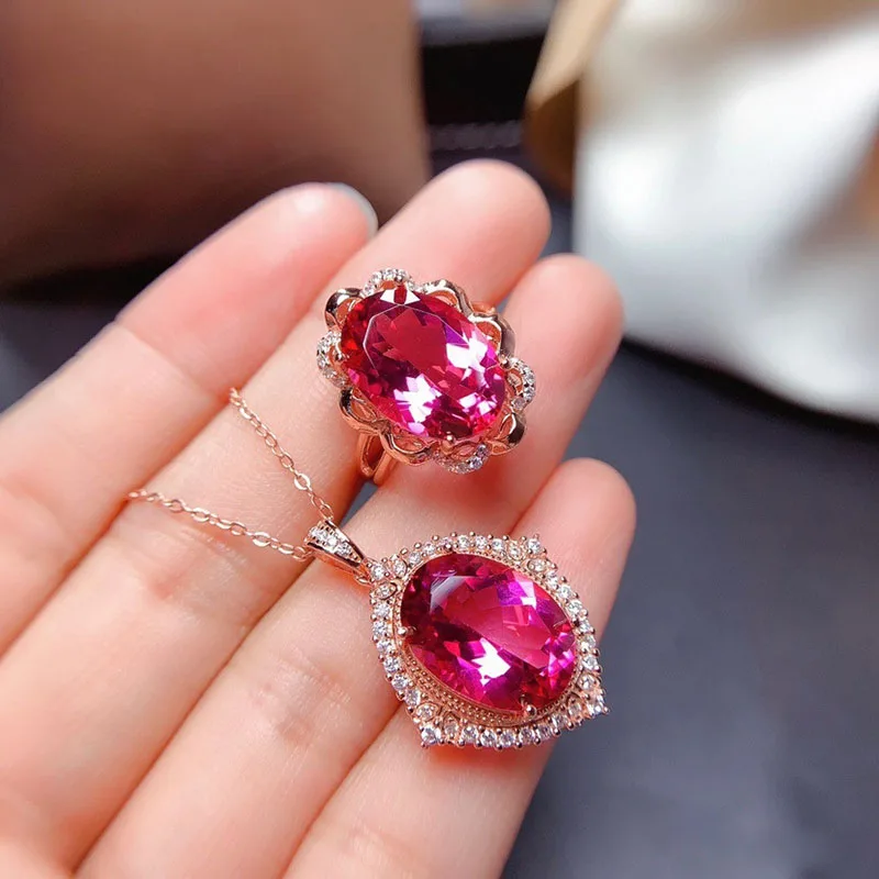 

New 925 Silver Jewelry Set Inlaid Lab Created Red Tourmaline Gemstone Women Necklace Resizable Ring Pendant Chain Choker