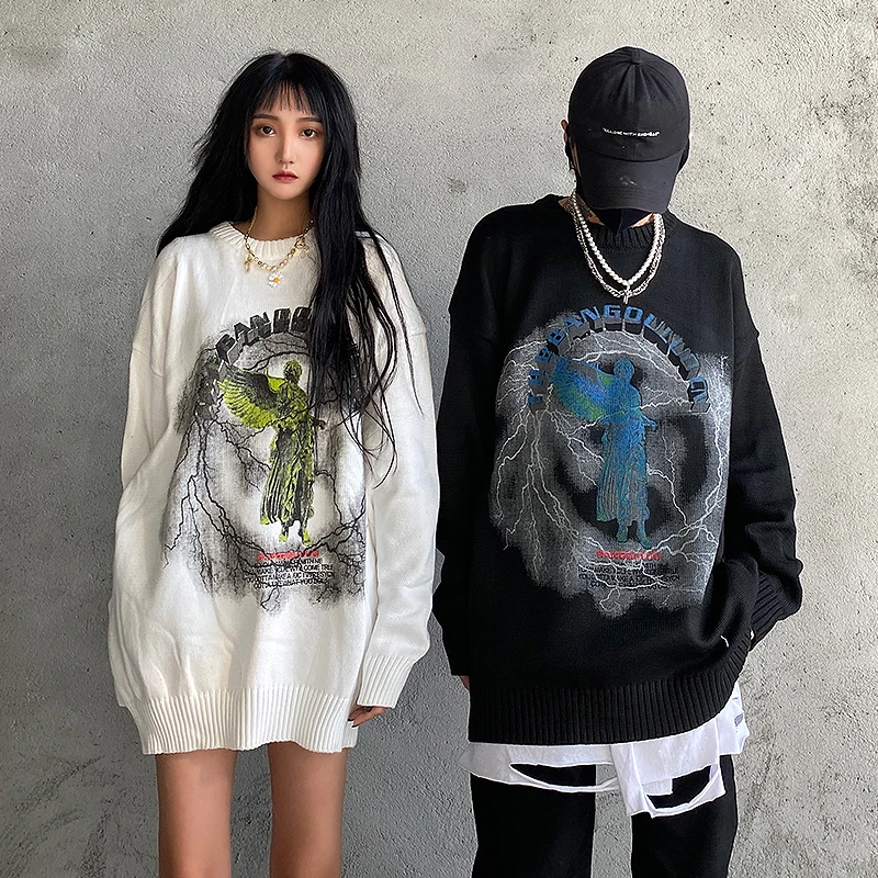 

Мужской винтажный трикотажный джемпер, свитер с принтом ангела и молнии, уличная одежда в стиле Харадзюку, Осенние хипстерские повседневны...