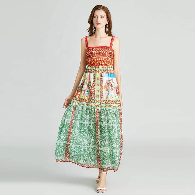 

2021 Bohemian Floral Print Vacation Elegant Party Maxi Dress Women Summer Vestidos Fashion Spaghetti Strap Backless Beach Dress
