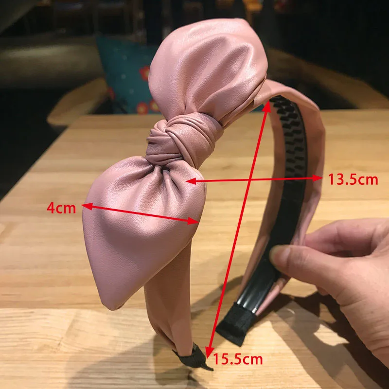 

Multi Purpose Pu Leather Women Ornaments Korean Style Fashion Hair Band Wide-brimmed for Wash Face Nice Gift with Bowknot 1Pcs