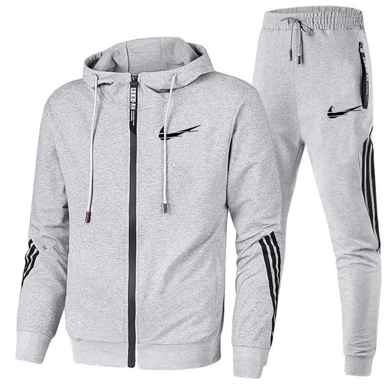 

New Casual Men's Hooded Suit Running Sportswear 2 Piece Set Zipper Hoodie + Sweatpants Jogging Male Tracksuit INIKE Clothing