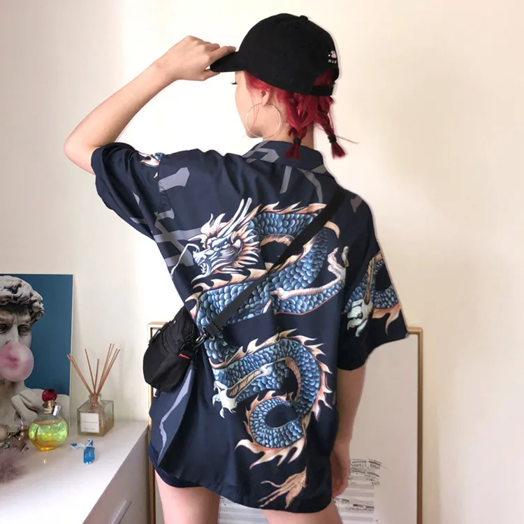 

Summer Women Tops Harajuku Blouse Women Dragon Print Short Sleeve Blouses Shirts Female Streetwear Womens Clothing
