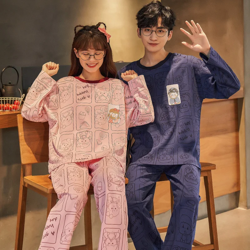 Новинка осенне-зимние хлопковые Пижамные комплекты для пар брюки с круглым