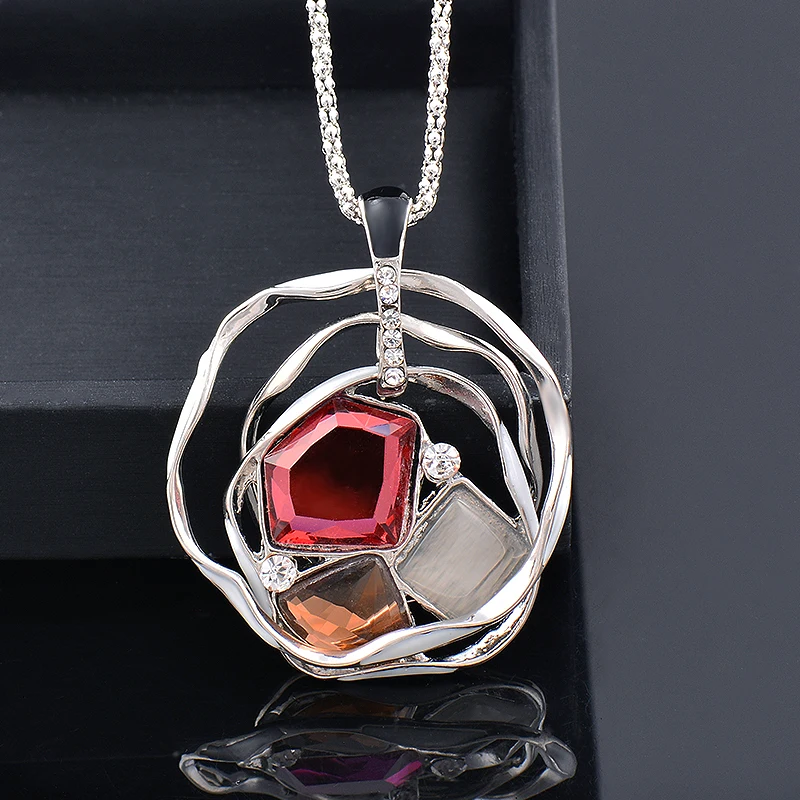 

SINLEERY Multilayer Circle Pendant Necklace For Women Blue Orange Red Cubic Zirconia Long Chain Fashion Jewelry 2021 MY013 SSP
