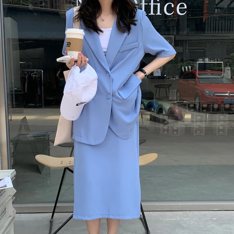 

Чужой Kitty 2021 Femme минималистский уличная новый летний спортивный пиджак + однотонная пикантная Офисная Женская юбка Повседневное комплект из...