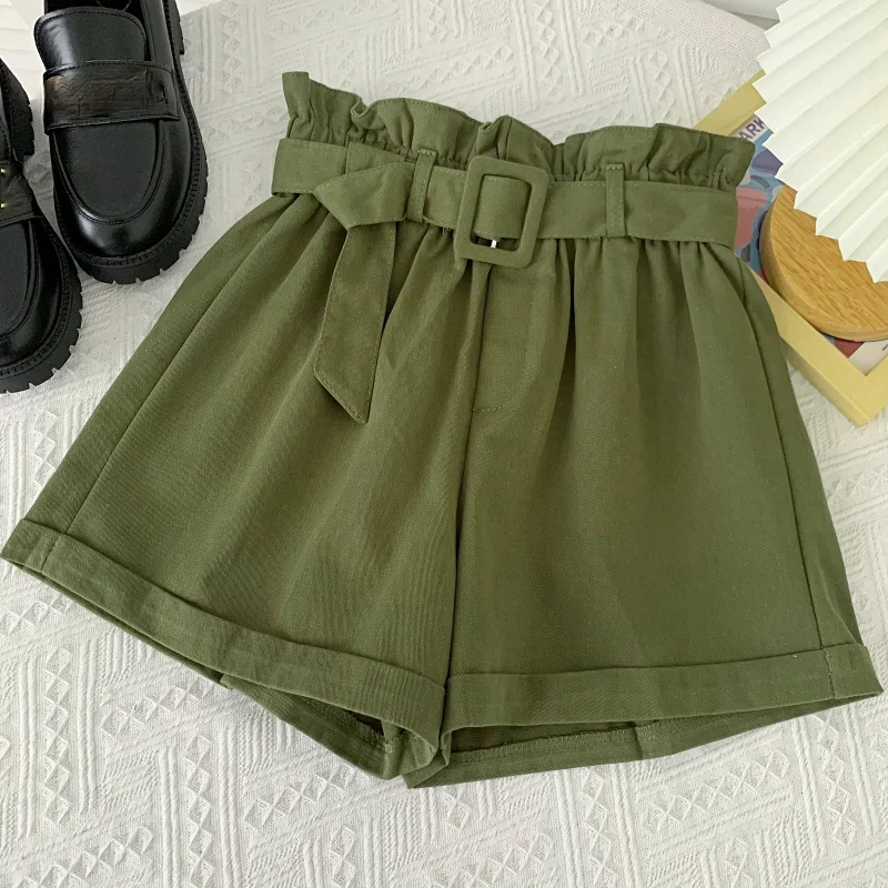 

KUSAHIKI 2021 Summer New Belt High Waisted Shorts for Women Causal Solid Wide Leg Short Feminimos Korean Fashion Clothing 6H879