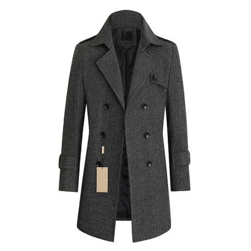 

Plus Size 9XL Men Woolen Thickening Warm Trench Coat Lapel Striped Double Breasted Sashes Wool Jackets Fashion Business Casual