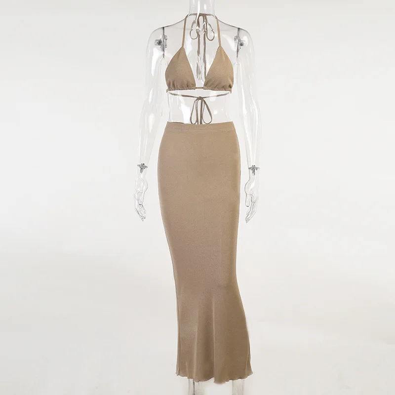 

Summer Long Skirts For Women Two Piece Outfits 2021 Sexy Bandage Top Beach Skirt Y2K 2021 Femme Party Maxi Skirt Sets