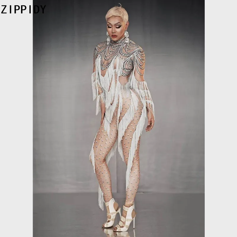 

Fake Rhinestone White Fringe Jumpsuit Women Dance Spandex Leggings Outfit Bar Singer Prom Show Long Sleeve Outfit