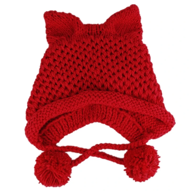 

Women Winter Chunky Knitted Beanie Hat Cute 3D Cat Ears Solid Color Handmade Crochet Windproof Warm Earflap Cap with Pompom