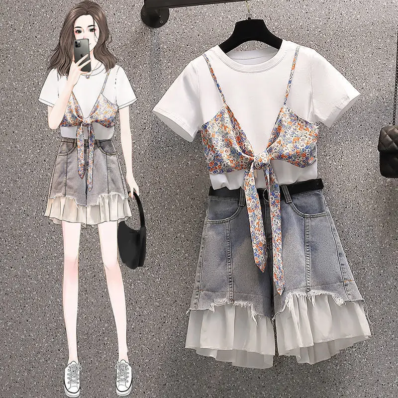 

Women's Summer Suit New Harajuku Short-sleeved T-shirt All-match Denim Shorts Stitching Two-piece Suit traf y2k Jeans Streetwear
