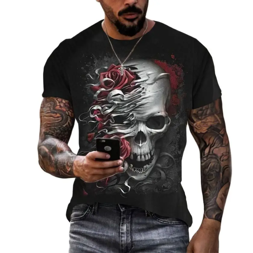 

Men's T-shirt with 3D printed skull and zombie pattern, personalized trendy streetwear, oversized summer breathable top
