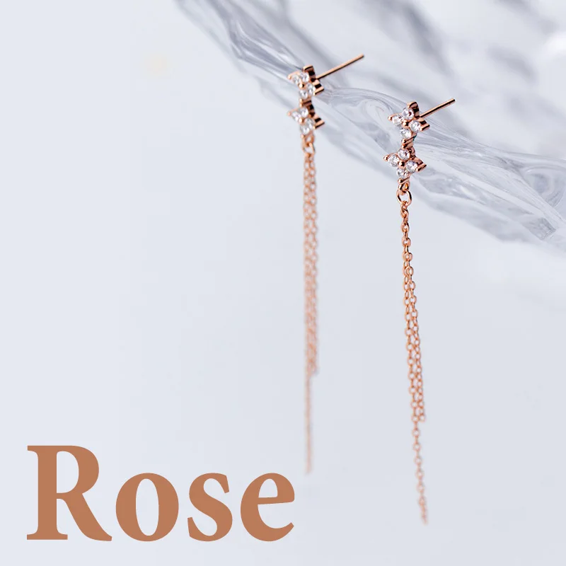 1Pair Rose Trusta 925 пробы Серьги серебристого цвета; бижутерия для девочек, не вызывает аллергию, CZ камни, длинные серьги-гвоздики с кисточками, DS1380 - Окраска металла: 1Pair Rose