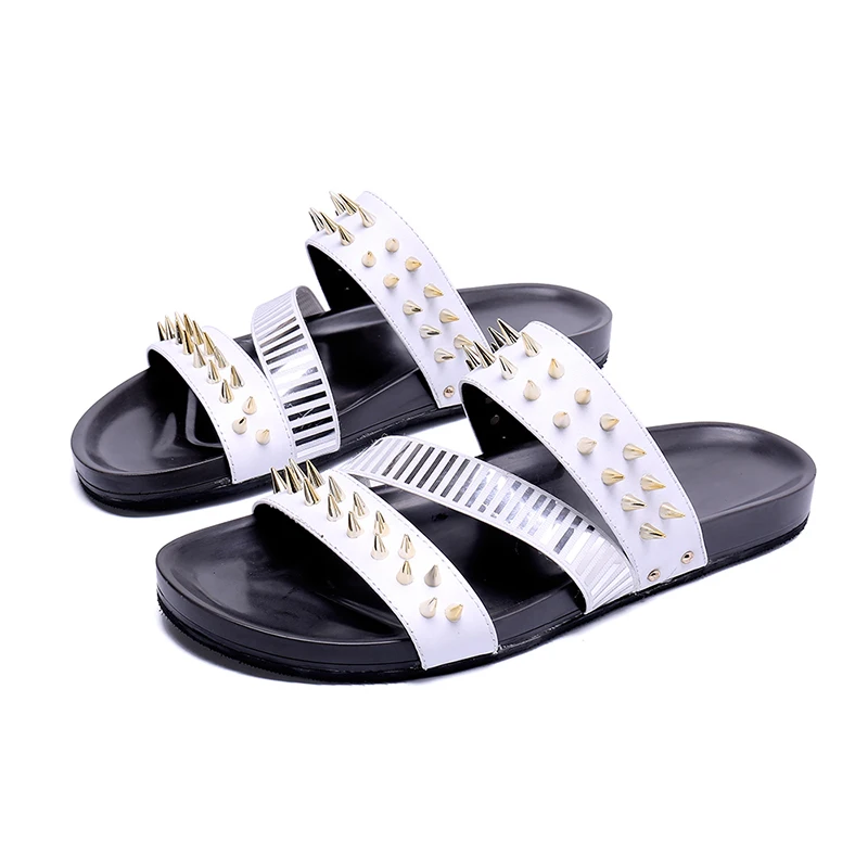 Белые сандалии с заклепками модные мужские из натуральной кожи открытым носком в