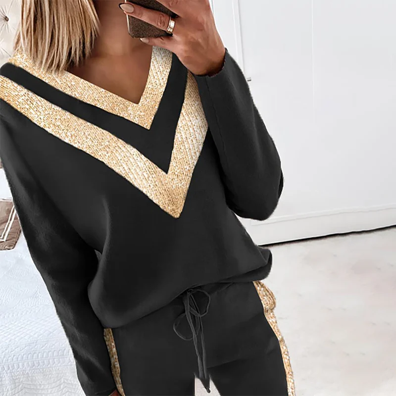 

Women's Sequin Splicing Pants Suit Eye Print Long Sleeve Top Drawstring Trousers 2 Piece Set Women 2021 Spring Autumn Casual Set