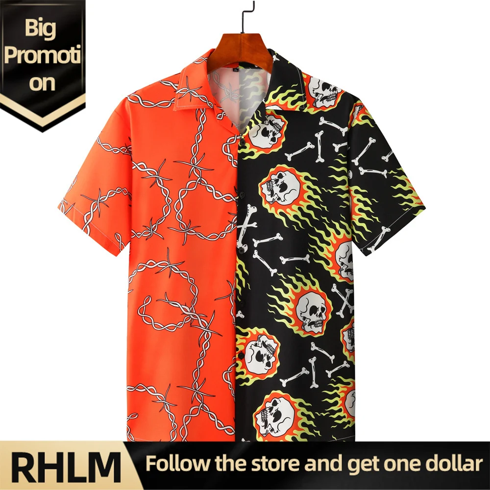 

ã€RHLMã€‘New Fashion Men Hawaiian Shirt Short Sleeve Streetwear Print Striped Patchwork Summer Chic Blouse 2021 Beach Harajuku Hot