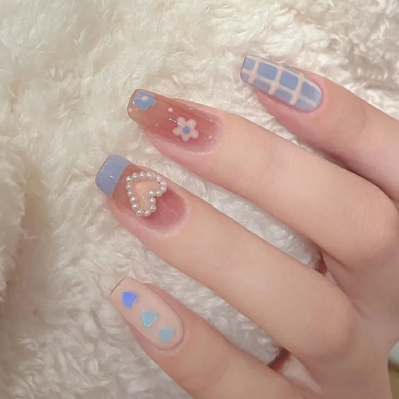 

24PCS Fake Nail Patch Full Cover Long Head Cute Blue Flower Fake Nail Wearable Finished Nail Piece with Glue SANA889