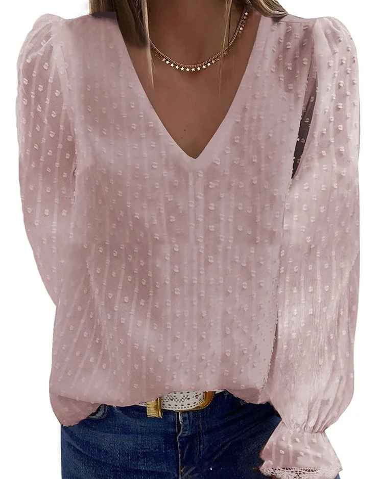 

2021 New Solid Color V-neck Chiffon Shirt Jacquard Lace Long-sleeved Top Ustyle0536