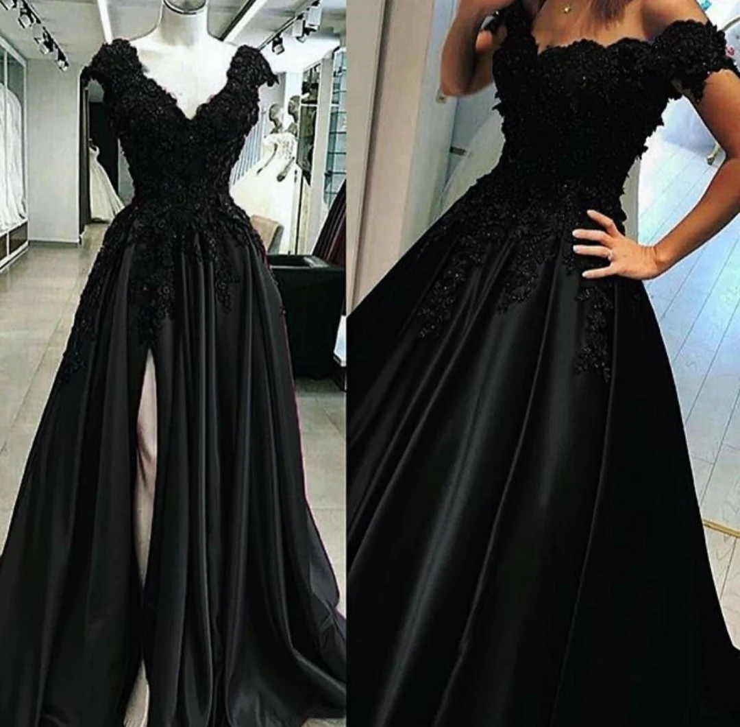 

Elegant Long Lace Black Evening Dresses with Pockets A-Line Satin Corset Back Side Slit Abendkleider Robes De Soirée for Women
