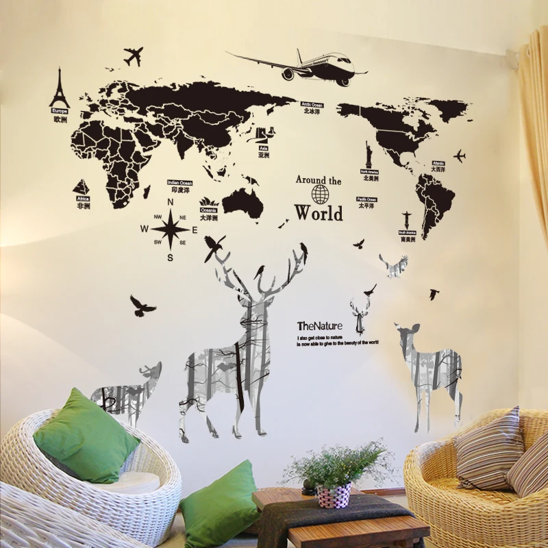 

[SHIJUEHEZI] World Map Wall Stickers DIY Deer Animal Mural Decals for Kids Rooms Living Room Nursery Home Decoration Accessoires