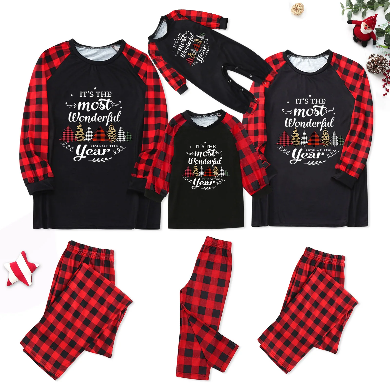 

2021 New Christmas Parent-child Suit Plaid Printed Homewear Pajamas Two-piece Set Xmas Adult Kid Baby Family Matching Outfits