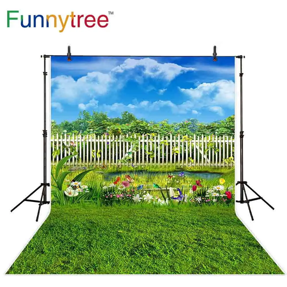 Фон для фотосъемки Funnytree весеннее поле зеленый сад забор цветок небо фон Фотофон