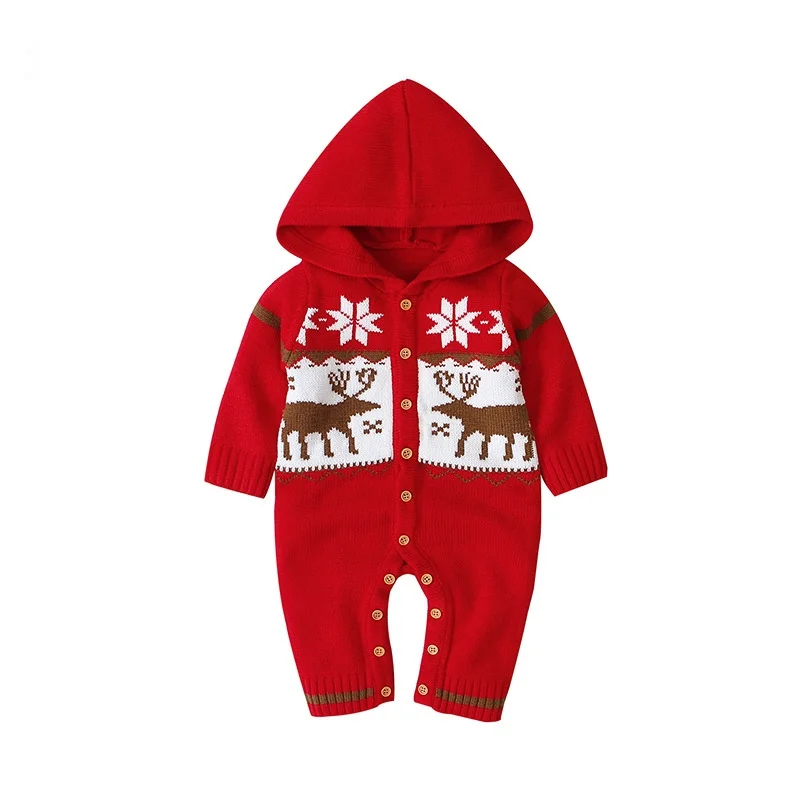 

Boys and Girls Knitted Christmas Cartoon Deer Hooded Baby Jumpsuit